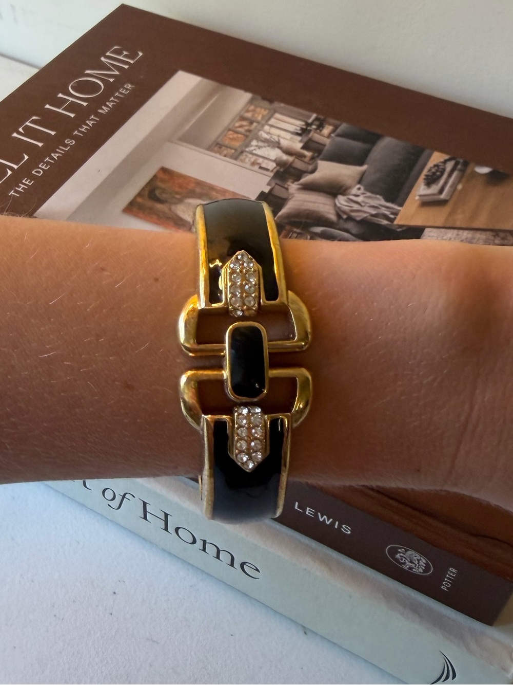 Stella & Dot Gold and Black Pave-Link Leather Bracelet